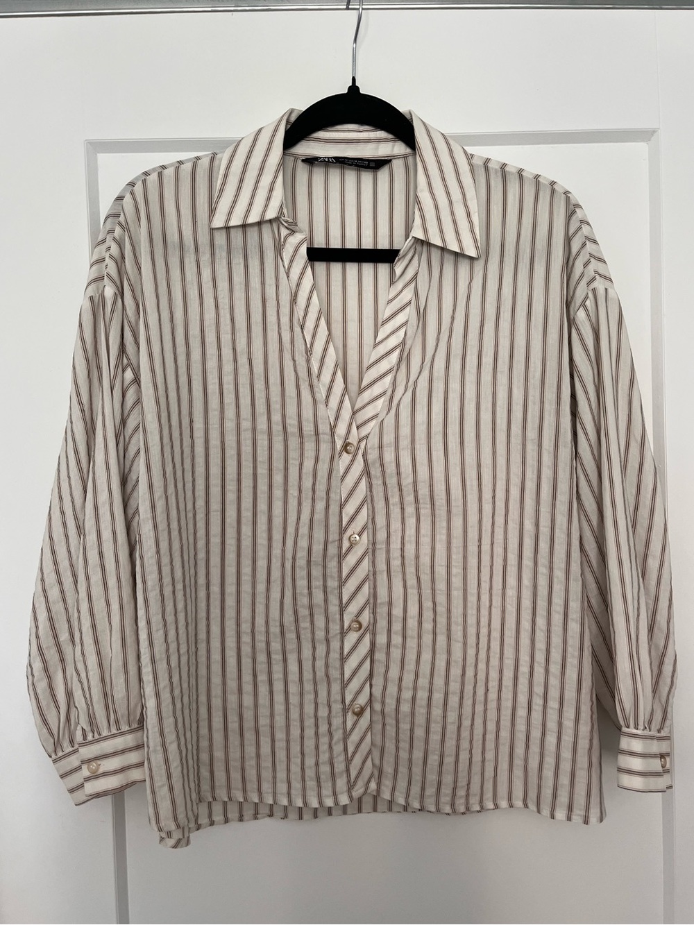 Zara Striped Button-Up Shirt in Cream and Brown